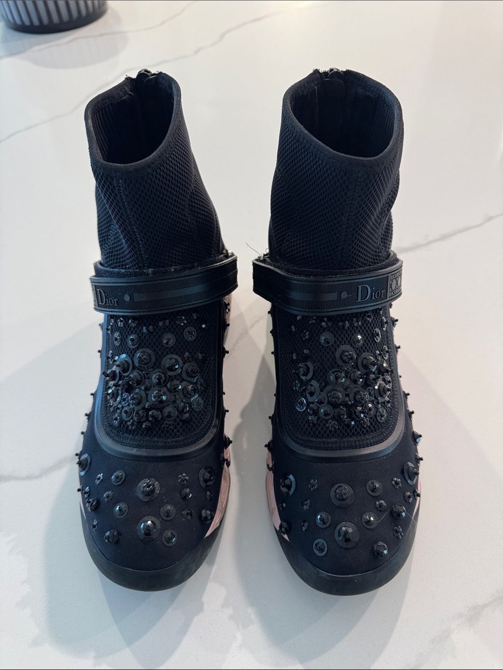 Dior Black Embellished Sock Sneakers with Pink Midsole - Picture 2 of 9